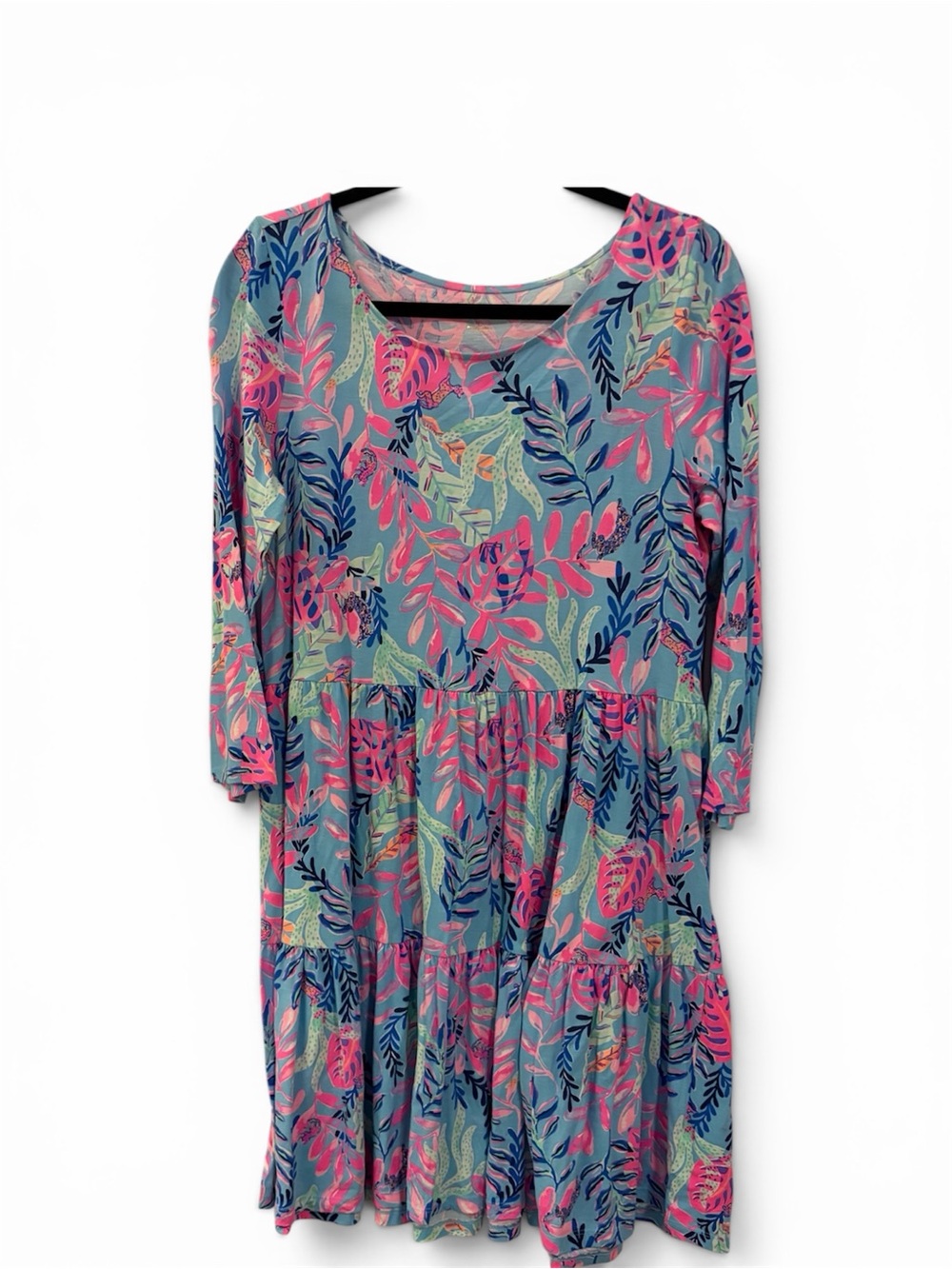 Lilly Pulitzer Blue Tiered Midi Dress with Pink Leaf Print